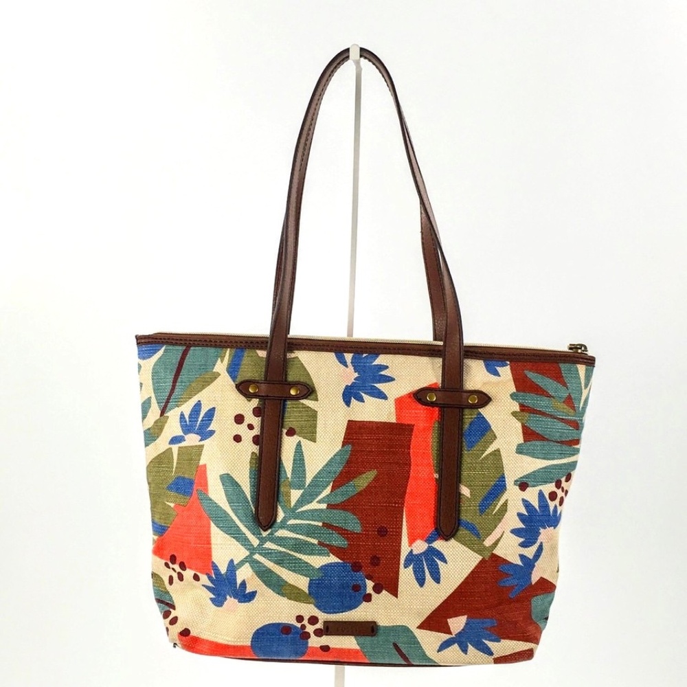 Fossil Canvas Tote Tan Floral Leaf Print Zip Top Medium Textile Shoulder Bag